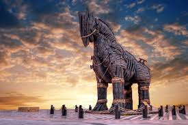 O cavalo de Troia foi um cavalo de madeira oco por dentro, usado pelos gregos para entrar na cidade de Troia.